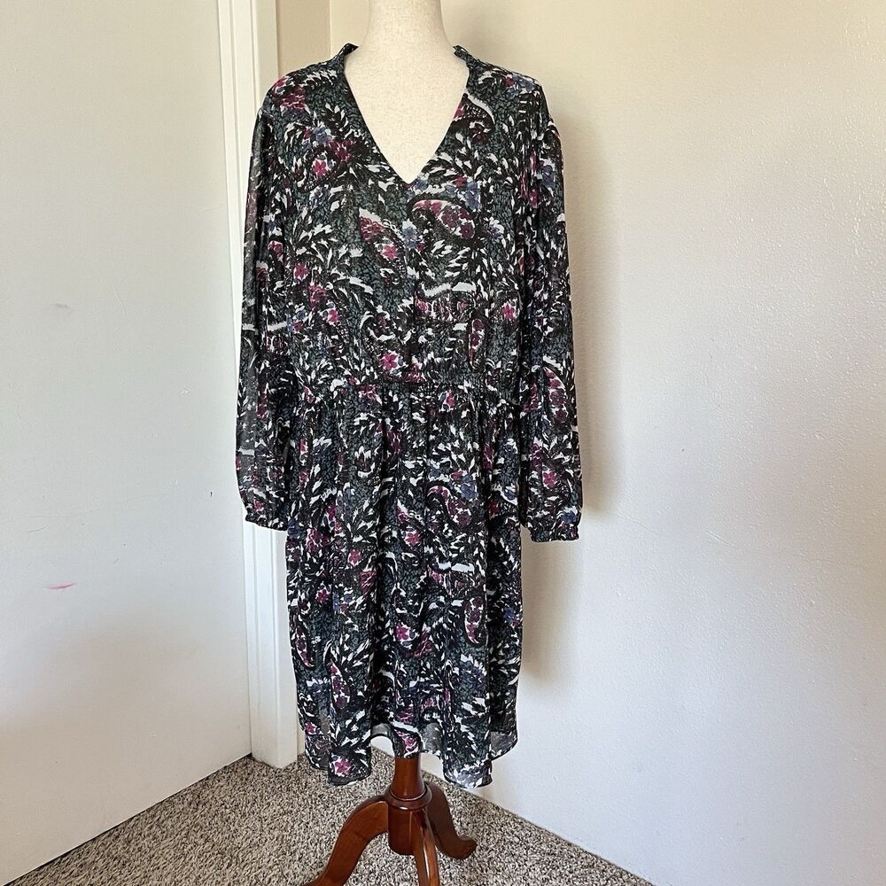 Lane Bryant Dress Womens 20 Green Gold Floral Long Sleeve Midi Casual